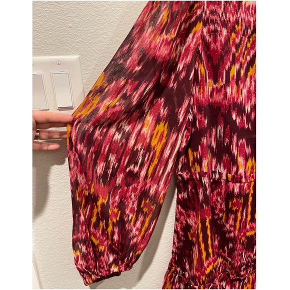 HOUSE OF HARLOW 1960 Burgundy Chiffon Ruffle Neck Long Sleeve Mini Dress - Picture 4 of 6